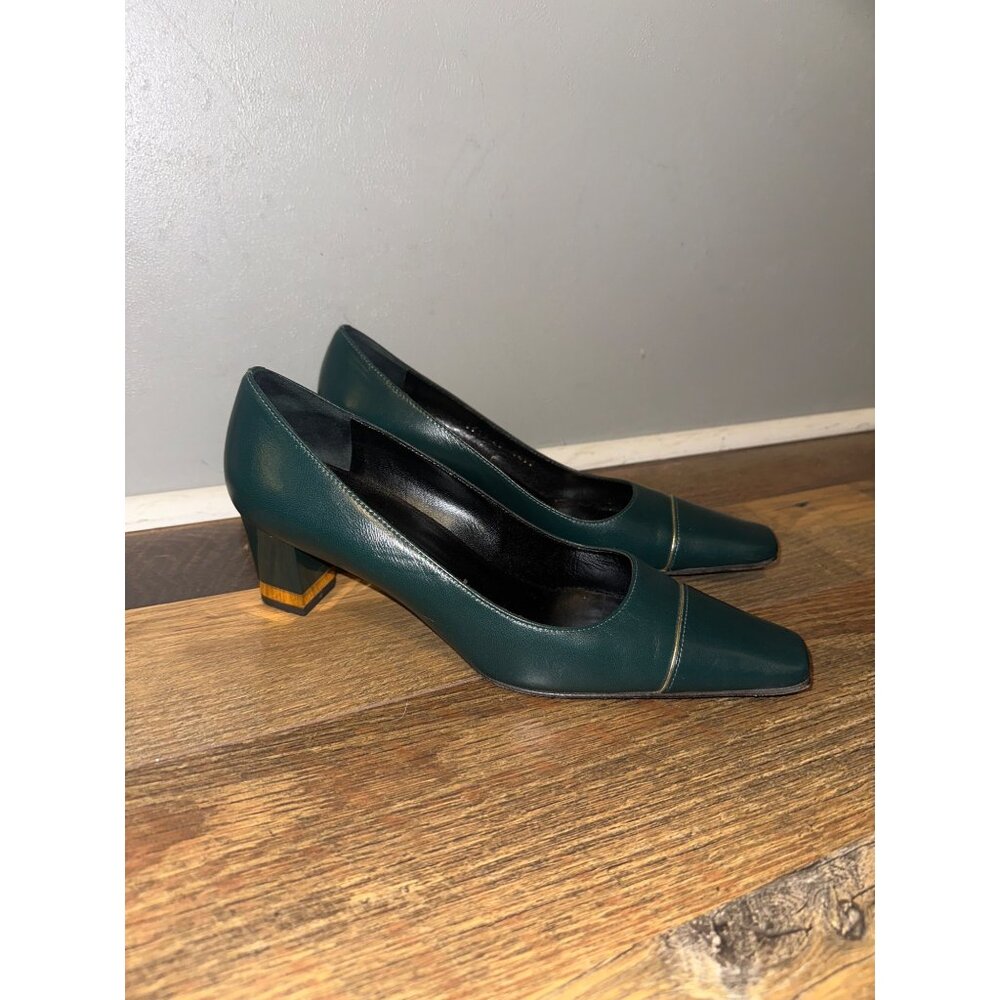 St. John Green Square Toe Leather Heels With Gold Detail  Size 10